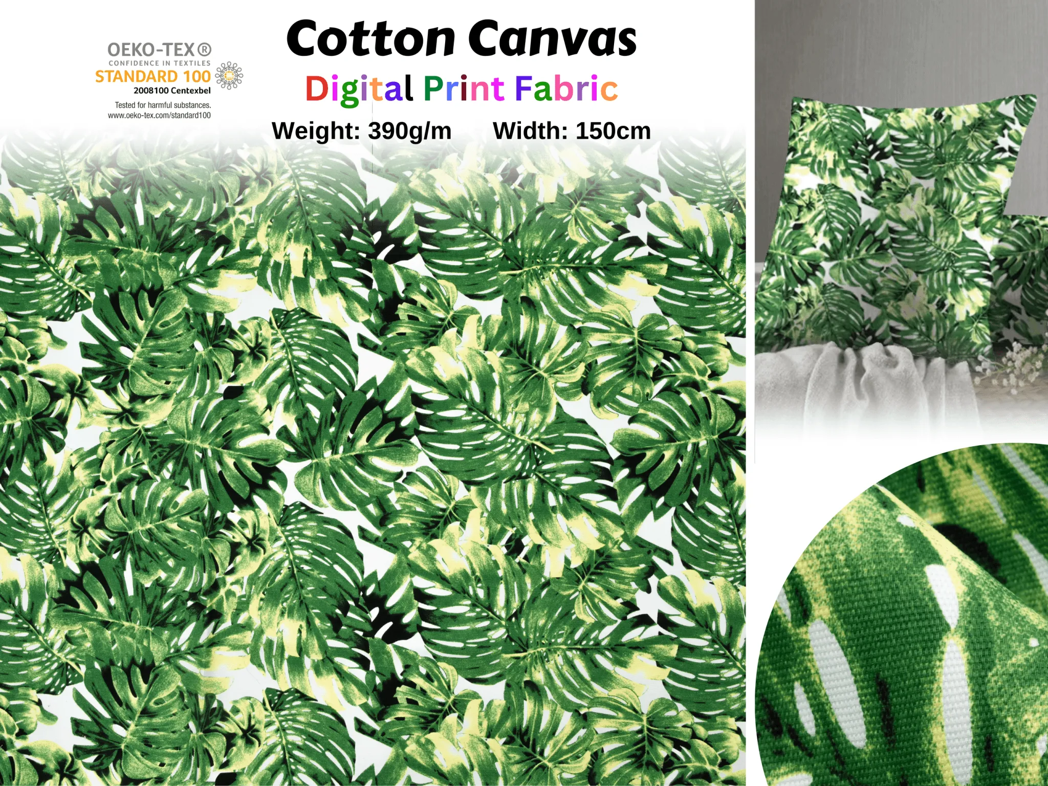 100% Cotton Half Panama Printed Fabric / Canvas printed Fabric /  Natural Tropical Leaves Digital Print  Fabric