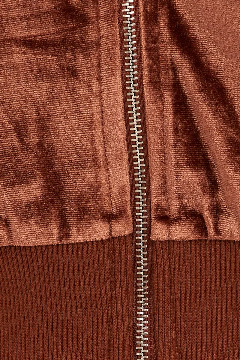 Brown Velour Short Sleeve Zip Lounge Hoodie