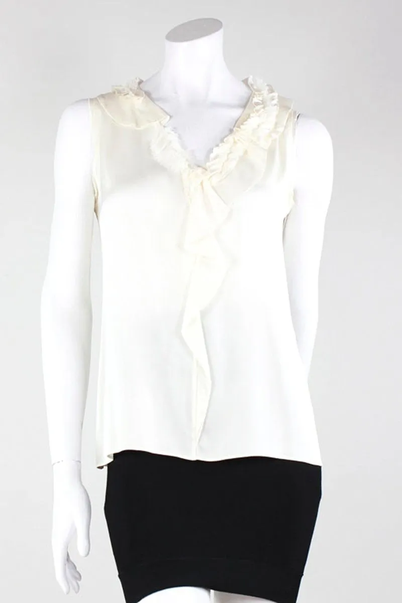 Elie Tahari Sleeveless V-Neck Blouse With Ruffle Accent Around Collar And Down Front's P