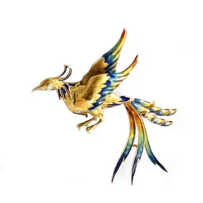 Vintage "Bird of Paradise" brooch in 18 Kt gold and polychrome enamels (50s-60s)