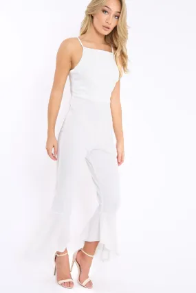 White Cropped Frill Hem Jumpsuit - Sadey